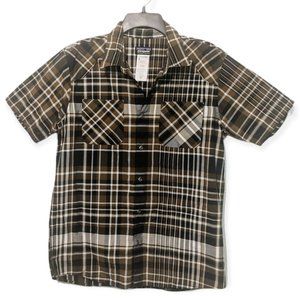 Patagonia Mens Plaid Short Sleeve Button Up Organic Cotton Brown/Black Shirt M